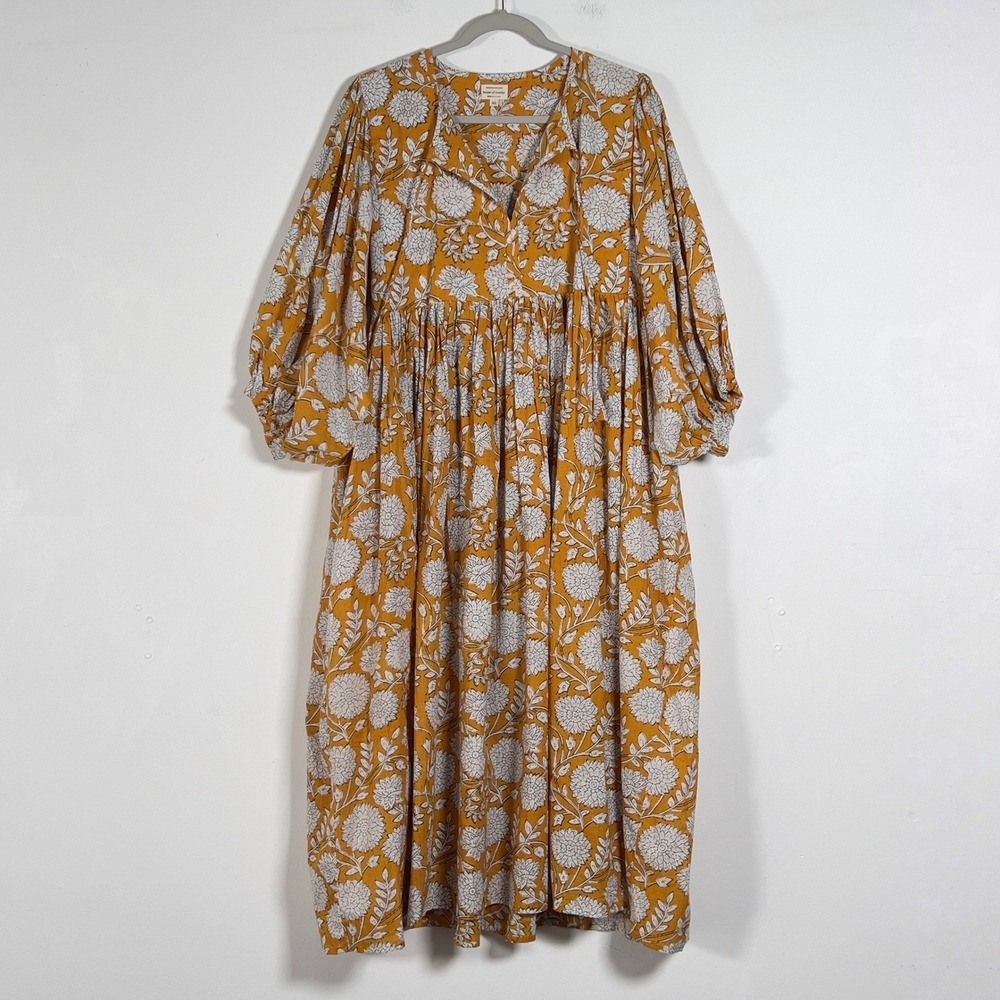 House of Sundar Maya Midi Dress Womens Sz XL Yellow Floral Puff Sleeve